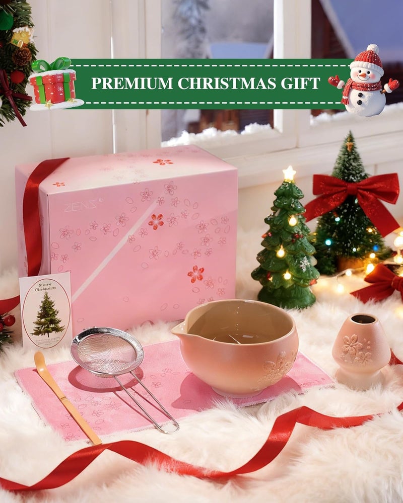 Zens Matcha Whisk Set, Pink Ceramic Matcha Bowl with Embossed Sakura, 6pcs Matcha Tea Kit Includes Bamboo Whisk, (Chasen Holder) Scoop & Sifter, Tea Towel for Matcha Ceremony, Pink - Image 2